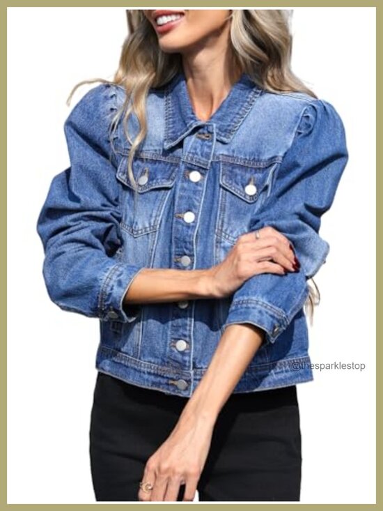 Jackets & Blazers - Womens Puff Sleeve Cropped Denim Jacket Button Down Long Sleeve Trendy Jean